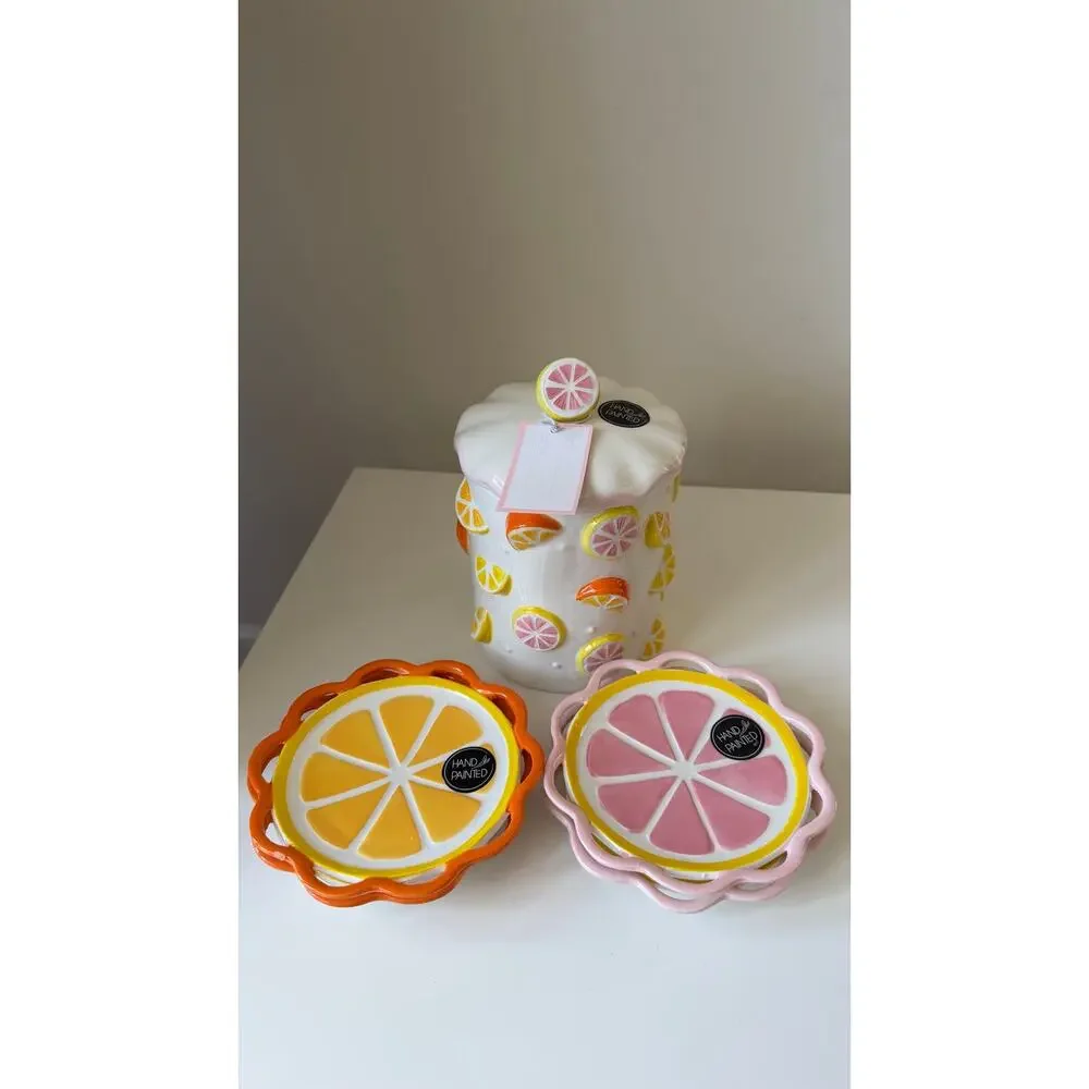Hand-Painted Citrus Canister & 4 Plate Set